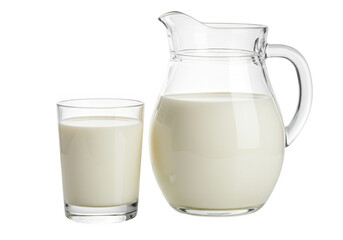 A glass filled with milk placed beside a clear glass jug also filled with milk isolated on transparent background