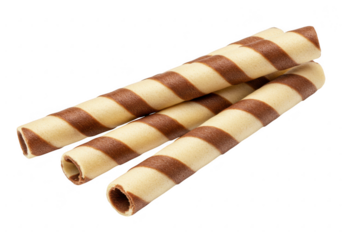 Chocolate and vanilla striped wafer rolls isolated on transparent background