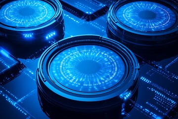 Three futuristic technological circular devices illuminated with blue light