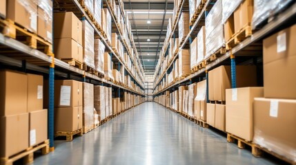 Endless Aisles of Cardboard Boxes in a Modern Warehouse