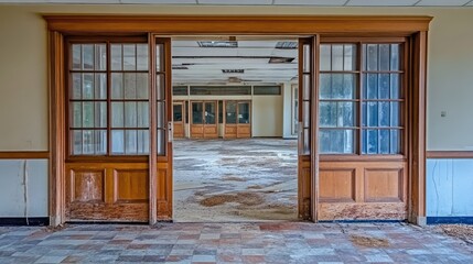 Broken security doors of a bank, slightly open, with a view into a vacant interior covered in dust