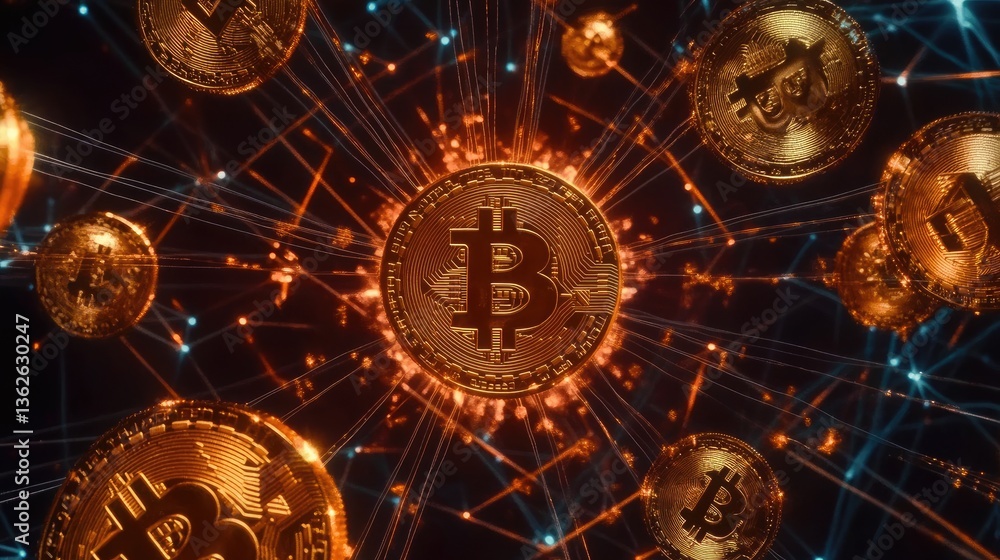 Poster decentralized finance network with multiple cryptocurrency symbols, global blockchain transactions, 