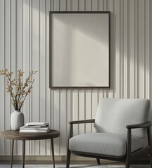 Mockup of a frame on a wall with armchair and side table.