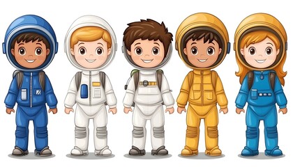 Five smiling children wearing colorful space suits and helmets