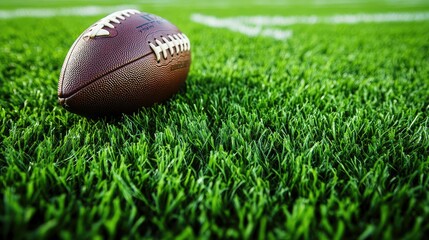 Obraz premium A close-up of an American football on turf, with crisp details popping against a black background.