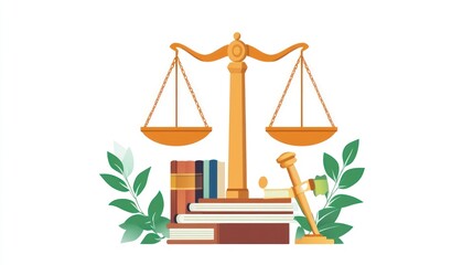 Justice scales with books and gavel, legal concept, illustration, background use