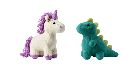 Cute plush toys featuring a colorful unicorn and a friendly dinosaur, perfect for children's rooms, playtime and imaginative adventures, soft textures and vibrant colors