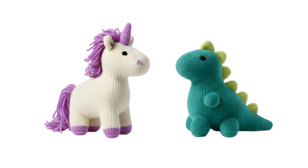 Cute plush toys featuring a colorful unicorn and a friendly dinosaur, perfect for children's rooms, playtime and imaginative adventures, soft textures and vibrant colors