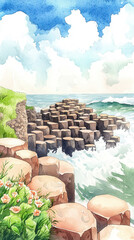 Unique basalt rock formations at Giant Causeway with ocean waves