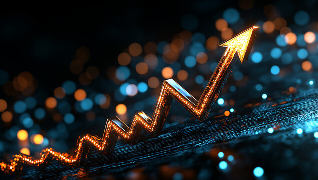 3D arrow pointing upwards symbolizes growth and success, surrounded by glowing blue and orange lights, creating dynamic and futuristic atmosphere