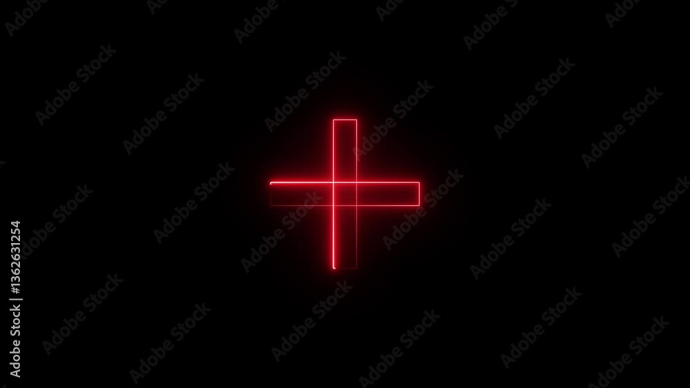 Poster neon plus shape icon animation on black background. plus icon neon animation