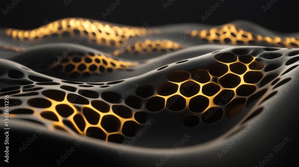 Poster abstract design of flowing waves with glowing hexagonal patterns in dark background