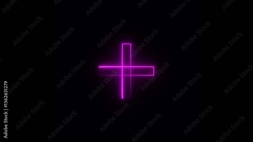 Poster neon plus shape icon animation on black background. plus icon neon animation