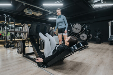 A focused moment in a gym with a trainer observing a client performing strength training exercises using a leg press machine.