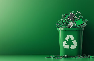 green recycling bin overflowing with broken electronic devices symbolizes importance of e waste recycling. This highlights environmental responsibility and sustainability