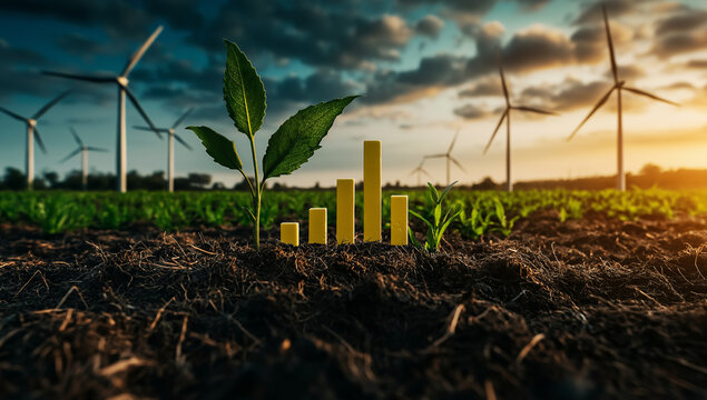 green plant growing in soil with yellow bars representing growth, surrounded by wind turbines in field at sunset - Powered by Adobe