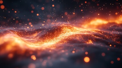 Obraz premium A glowing fiery particle field creates a wavy abstract landscape