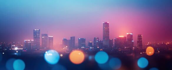 stunning night view of vibrant city skyline, showcasing illuminated buildings against colorful backdrop. atmosphere is filled with sense of wonder and excitement