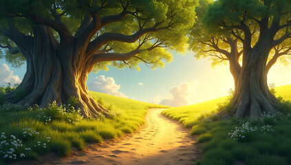 Fototapeta premium The Tree of Knowledge is reached by a golden route that winds across Eden