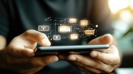 Digital payment icons hovering over a futuristic touchscreen, symbolizing a cashless economy.