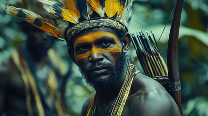 Tribal Warrior portrait, embodying indigenous heritage, cultural attire, traditional