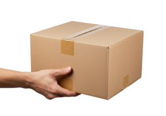 A hand holding a medium-sized closed cardboard box with brown packing tape sealing the top isolated on transparent background