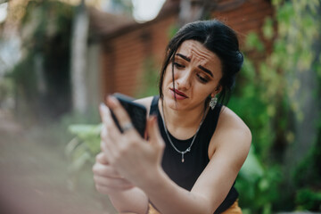 A young woman displaying a worried facial expression while using her smart phone outside,...