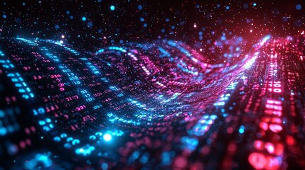 Fototapeta premium Flowing Binary Code Stream: Futuristic Data Visualization with Neon Glow