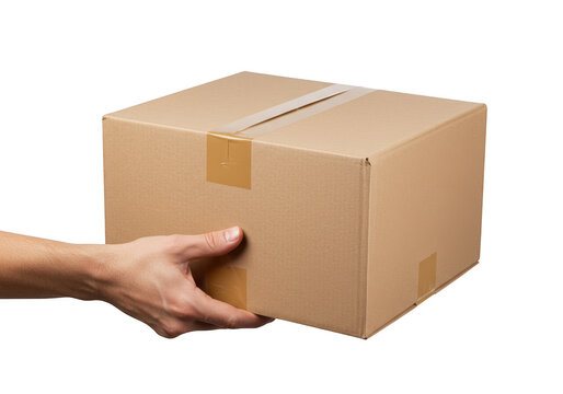 A hand holding a medium-sized closed cardboard box with brown packing tape sealing the top isolated on transparent background