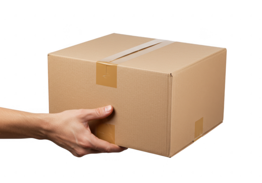 A hand holding a medium-sized closed cardboard box with brown packing tape sealing the top isolated on transparent background