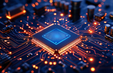 close up view of circuit board featuring glowing blue microchip, surrounded by intricate pathways and electronic components, creating high tech atmosphere