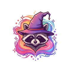 A cute raccoon wizard with a purple hat and a smiling face casting a spell.