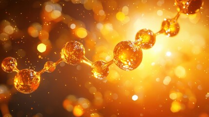 3D Molecular Concept of Active Ingredient in Beauty Product. Abstract molecular structure with golden orbs on a glowing background