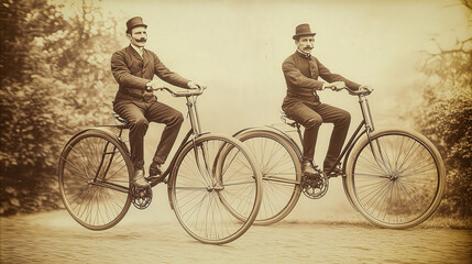 In the late 1800s, two men elegantly dressed in formal attire ride high-wheel bicycles through a lush park, displaying the cycling culture of their time