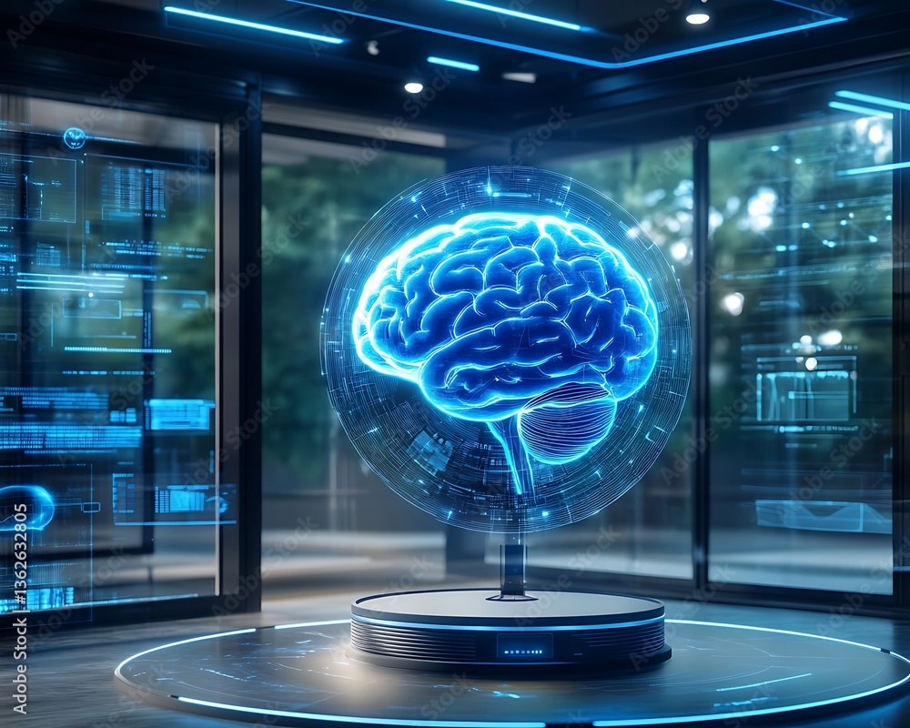 Poster a glowing brain display in a futuristic digital presentation setting