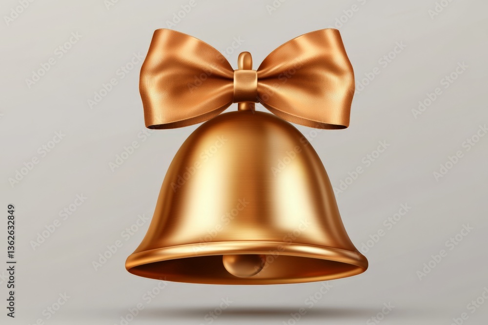 Aufkleber Golden decorative bell with a bow design hangs against a neutral background highlighting its smooth texture and shiny finish