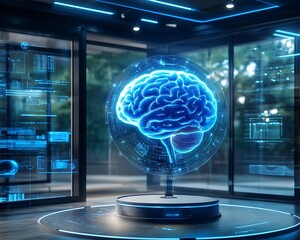 A glowing brain display in a futuristic digital presentation setting