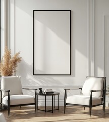 Mockup of a large blank poster in a minimalist interior with two armchairs and a small table.
