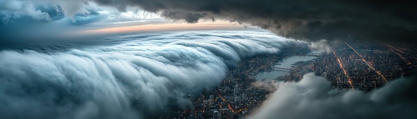 Fototapeta premium Dramatic cloudscape over a city at dusk, highlighting atmospheric textures.