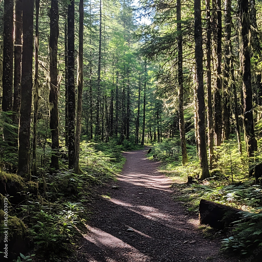 Poster sunlight filtering through trees in a lush green forest path