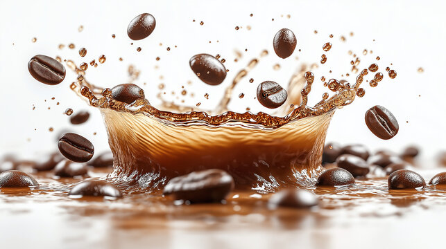 Coffee Explosion with Flying Beans &ndash; High-Speed Photography, coffee splash, coffee beans, white background, coffee explosion, high-speed photography, coffee motion, caffeine, fresh brewed, roasted bea