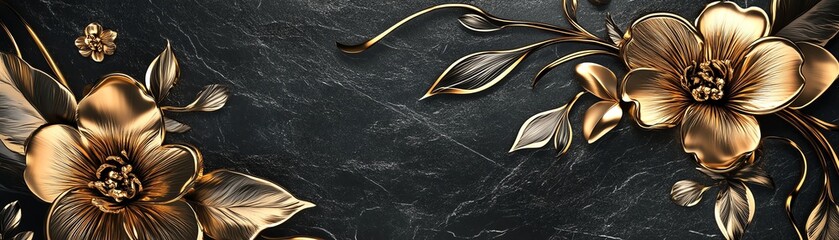 Elegant golden flowers design on dark textured background, perfect for decor.