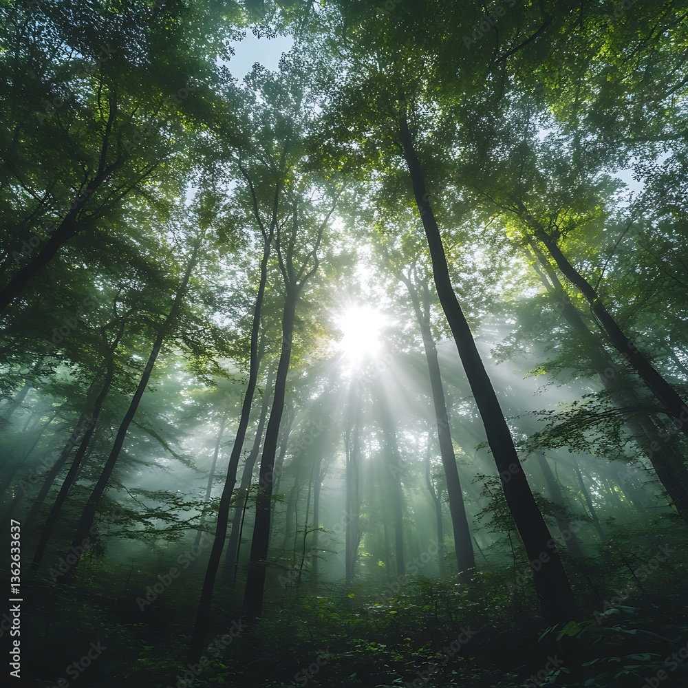 Poster ethereal sunlight filtering through dense forest canopy in fog