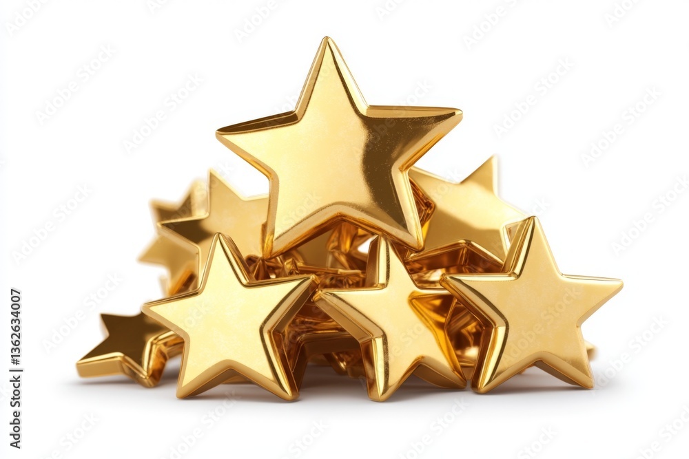 Poster pile of golden stars arranged artistically on a white background showcasing their shine and reflecti