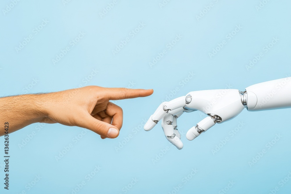 Poster human hand pointing toward robotic hand on solid blue background representing ai evolution and futur