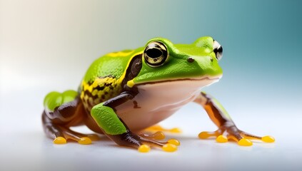 Obraz premium A vibrant green frog with strikingly detailed eyes and distinct markings sits against a soft, gradient background. 