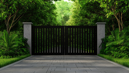 Obraz premium Modern wooden and stone gate surrounded by lush greenery, creating serene entrance. design features vertical slats and clean pathway leading into nature
