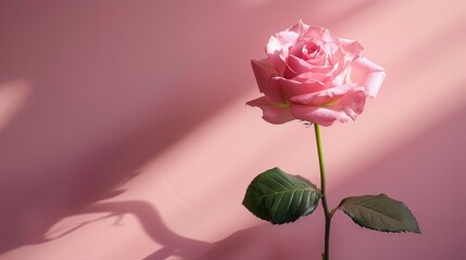 single pink rose, Single pink rose with green leaves lit by natural light against a soft pink wall. Sharp shadow cast on background. Concept: romance, simplicity, floral beauty