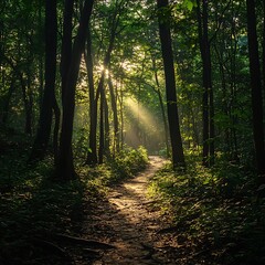 Obraz premium Serene Pathway Through Lush Green Forest with Dappled Sunlight