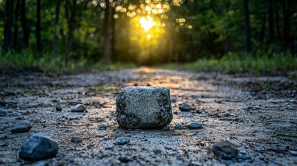 Obraz premium Sunset pathway with stone serene forest trail nature photography peaceful environment ground-level view tranquility